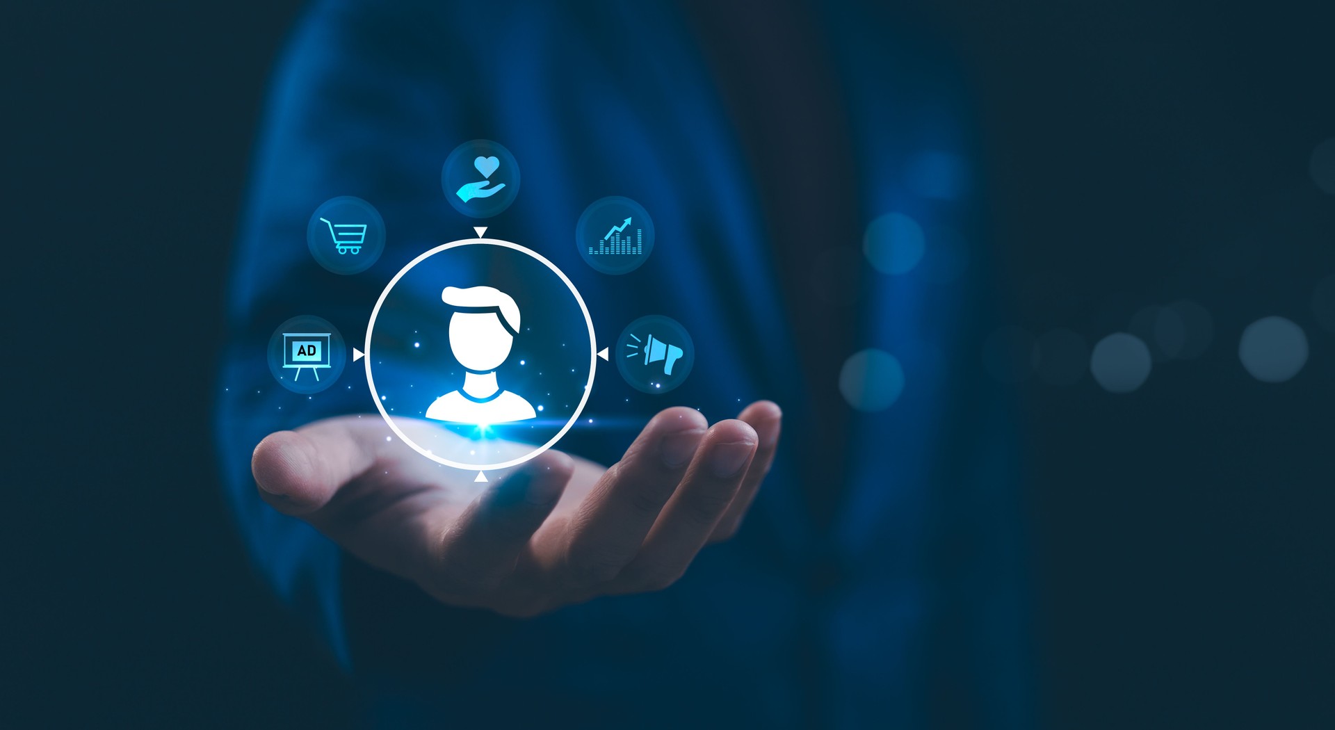 Target customer, buyer persona, customer behavior concept. Marketing plan and strategies. Personalization marketing, customer centric strategies. Businessman showing on screen to target customer.